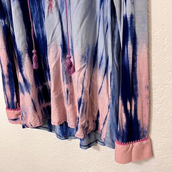 Soft Surroundings Medina Tie Dye Tunic Top Pink Blue Sequin Embroidered Tassels - Picture 4 of 6